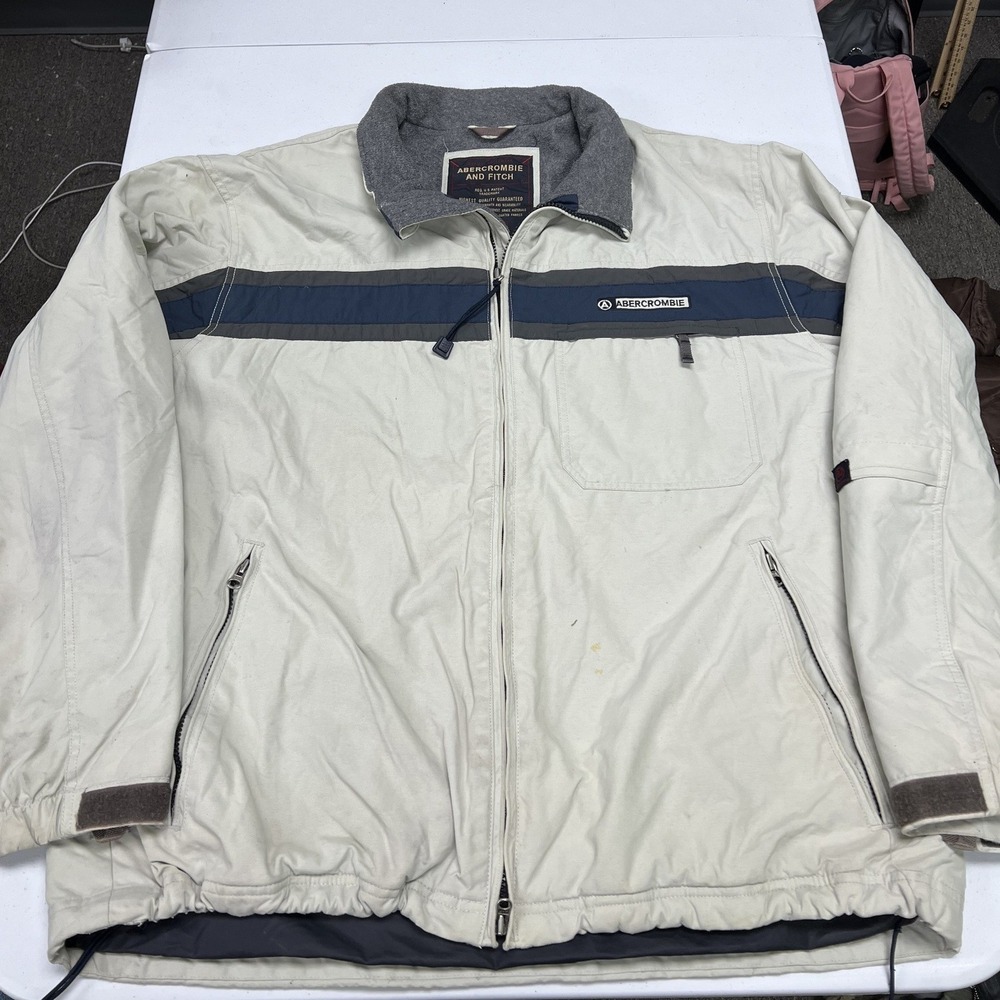 Abercrombie and Fitch Jacket Mens XL Cream Navy Fleece Lined Windbreaker Vintage